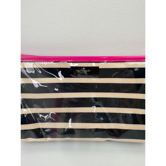 KATE SPADE Black White Stripe Pink Patent Leather Trim Zip Cosmetic Bag - Picture 2 of 6